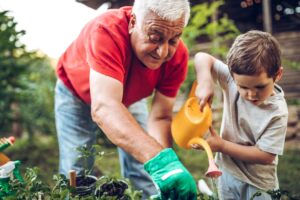 Nonno annaffia con nipote